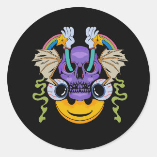 A drawing of a skull with a colourful face classic round sticker