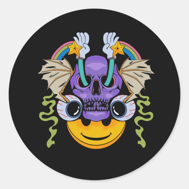 A drawing of a skull with a colourful face classic round sticker (Front)