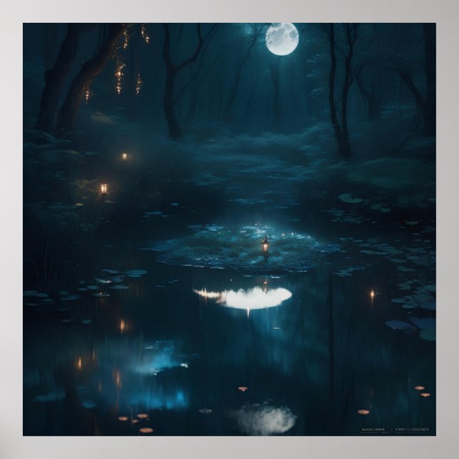 A Dreamy Moonlit Pond In A Dense Forest Poster (Front)