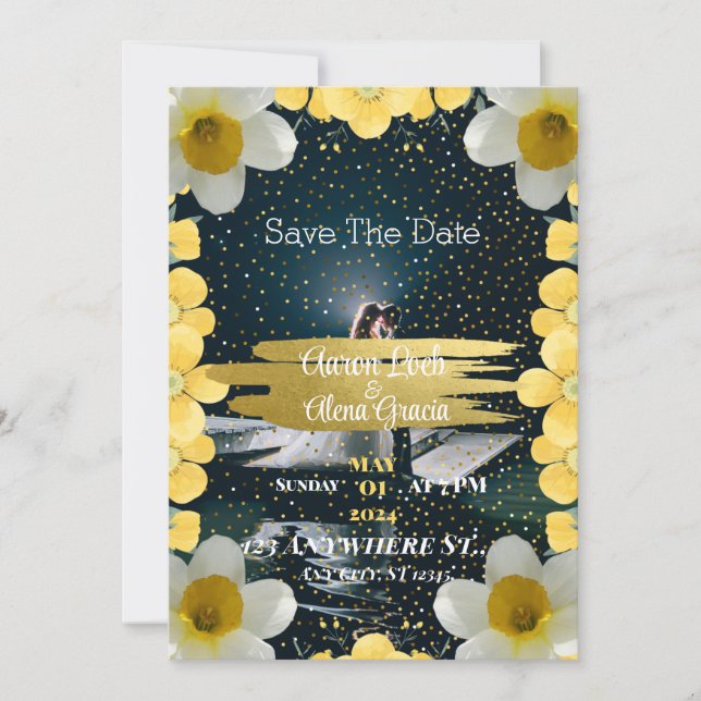 A dried invitation adorned with narcissus flowers (Front)