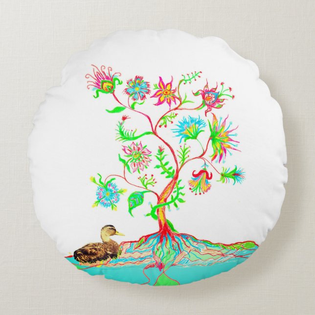 A duck and a tree of life round cushion (Front)