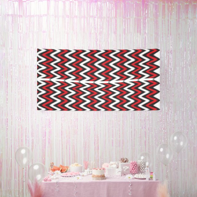 A dynamic chevron pattern in red and black, featur banner (Party)