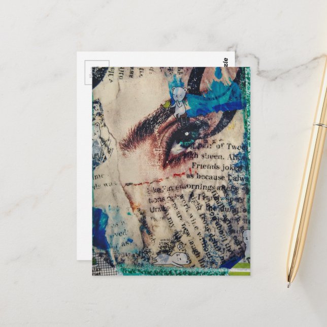 A face and words abstract friends joke collage postcard (Front/Back In Situ)