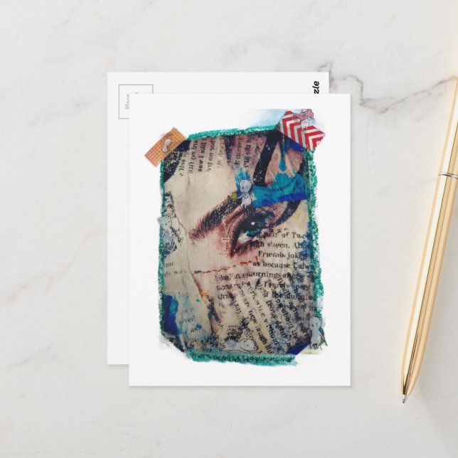 A face and words abstract mixed media collage postcard (Front/Back In Situ)