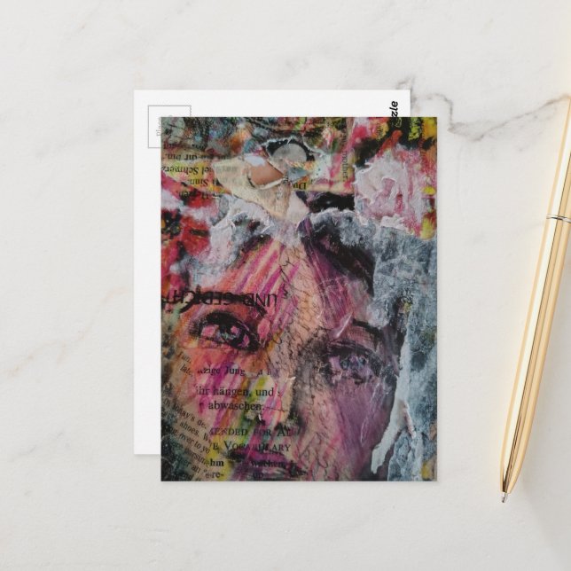 A face mixed media collage postcard (Front/Back In Situ)