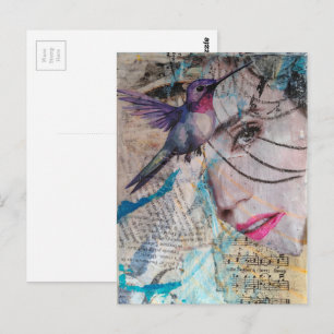 A Face n Hummingbird Abstract Mixed Media Collage Postcard