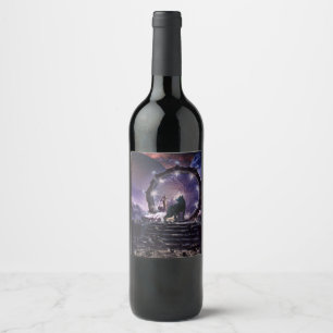 A fairy and a dark wolf  wine label