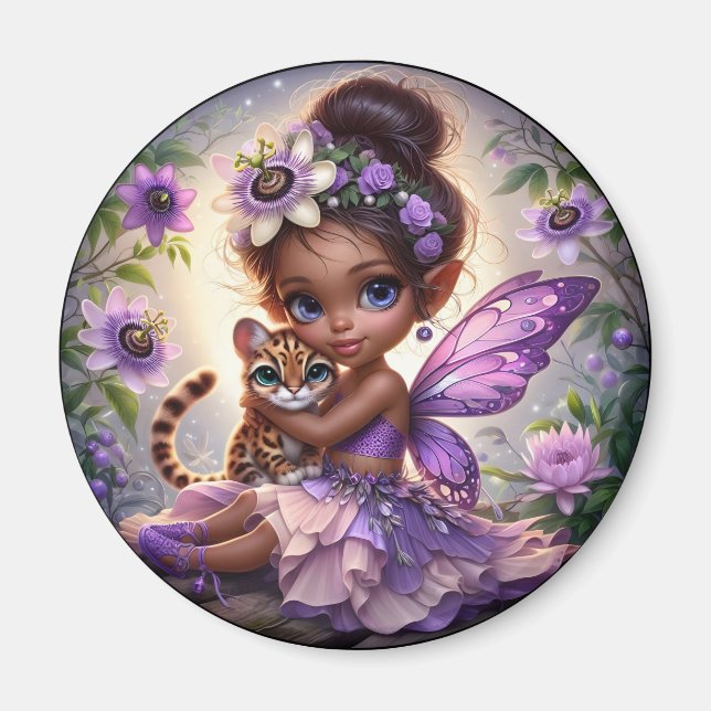 A Fairy and her Leopard Cub - Purple Magnet (Front)
