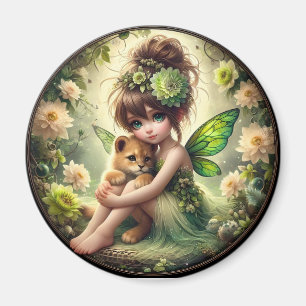 A Fairy and her Lion Cub - Green Magnet