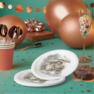 a fairytale carriage with a girl on a winter stree paper plate