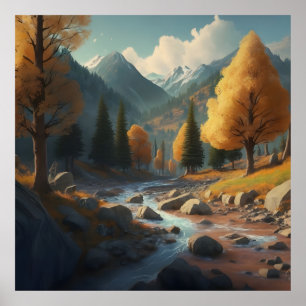 a fall landscape with trees, mountains, and a rive poster