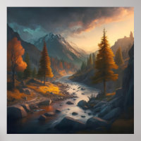 a fall landscape with trees, mountains, and a rive