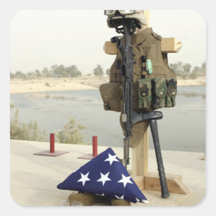 A fallen soldiers gear display square sticker