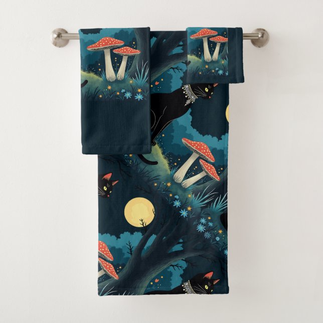 A Familiar Black Cat And Toadstools Halloween 1 Bath Towel Set (Insitu)
