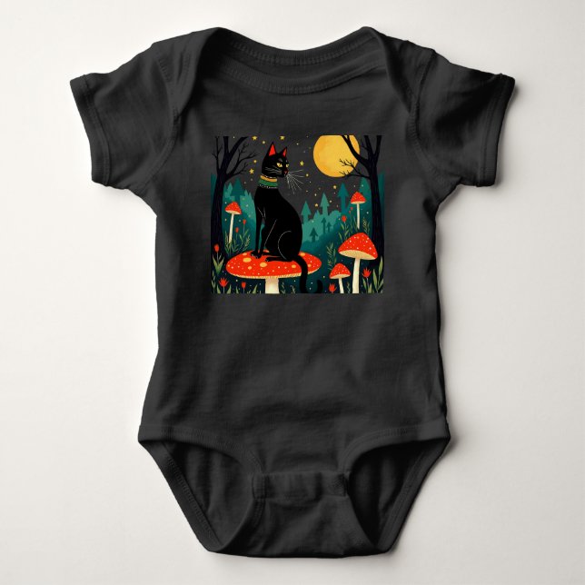 A Familiar Black Cat And Toadstools Halloween 2 Baby Bodysuit (Front)