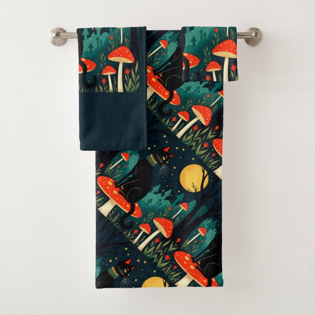 A Familiar Black Cat And Toadstools Halloween 2 Bath Towel Set (Insitu)