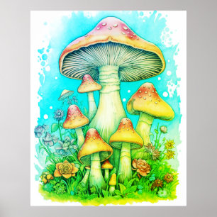 A Family Of Green Mushrooms White Background Wall Poster