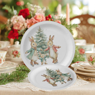 a family of rabbits at the Christmas skating rink Paper Plate