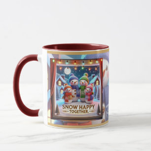 A family of snowmen with colourful scarves and hat mug