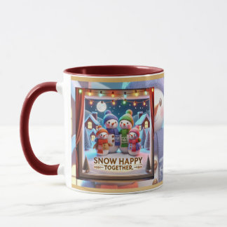 A family of snowmen with colourful scarves and hat mug
