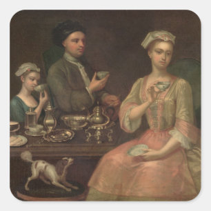 A Family of Three at Tea, c.1727 Square Sticker