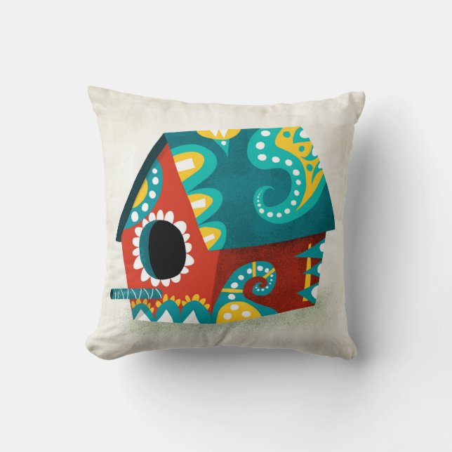 A Fanciful Birdhouse Throw Pillow (Front)