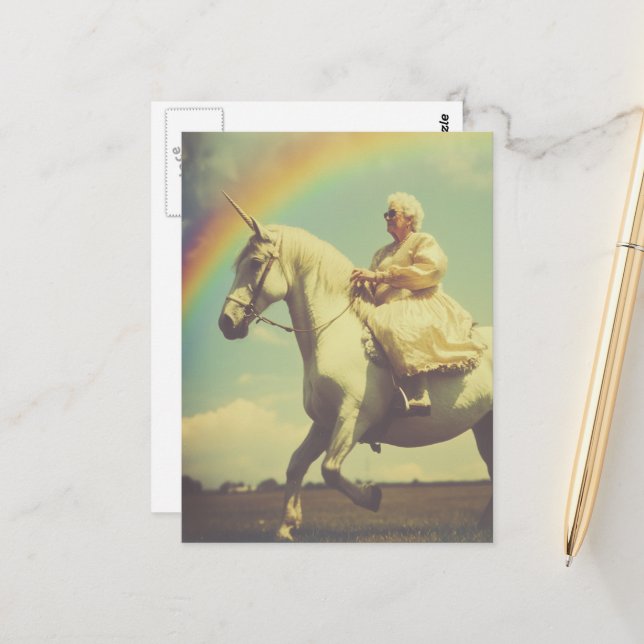A Fantasy Elderly Woman Riding a Unicorn Postcard (Front/Back In Situ)