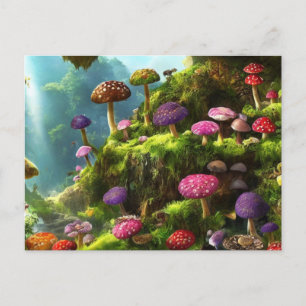 A fantasy forest full of mushrooms postcard