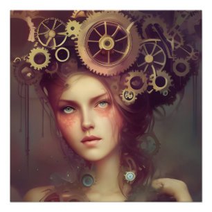 A fantasy woman with steampunk gears on her head poster