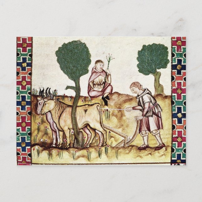 A farmer teaching his son to plough a field postcard (Front)