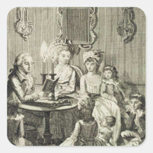 A Father Reading to his Family by Candlelight, eng Square Sticker