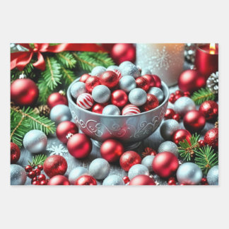 A feature with red and silver borbles wrapping paper sheet