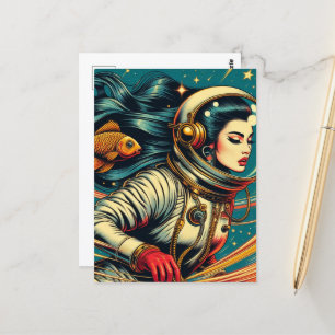A female astronaut and a goldfish Scifi Retro  Postcard