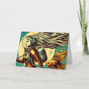 A female astronaut and goldfish Retro All Occasion Card