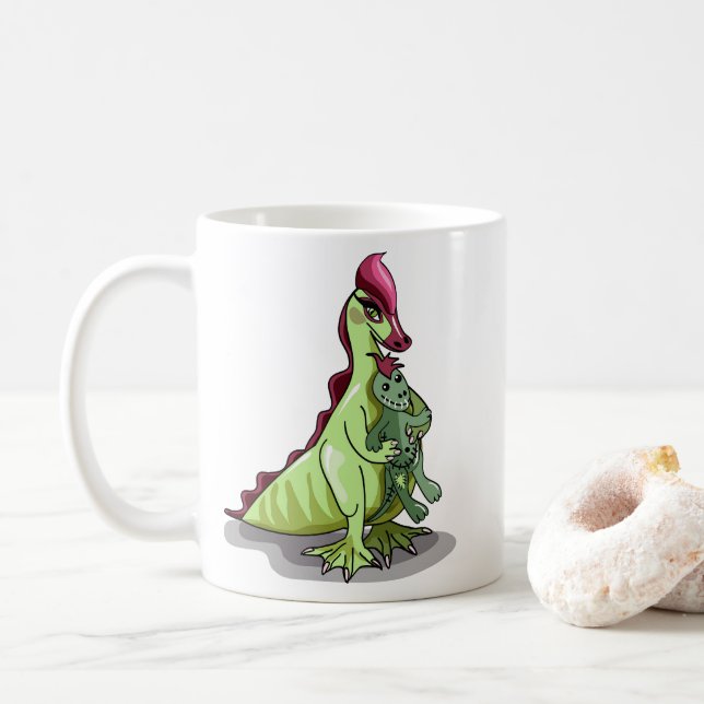 A Female Hadrosaurus Holding A Doll. Coffee Mug (With Donut)