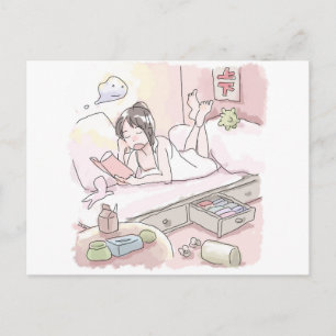 a female illustration of a sleeping girl lying in  postcard