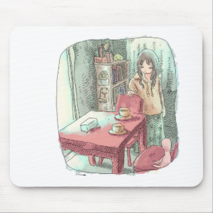 a female illustration standing beside a red table mouse mat