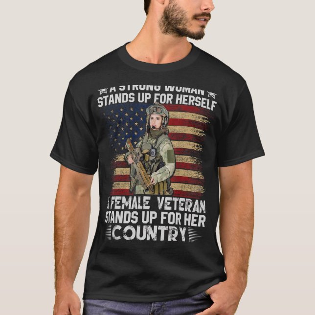 A female Veteran American Flag Patriotic Us Vetera T-Shirt (Front)