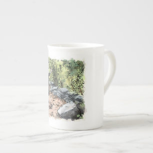 a female water color illustration that walks along bone china mug