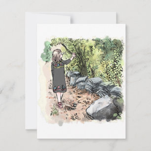 a female water color illustration walking along a card