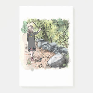 a female water color illustration walking along a  post-it notes