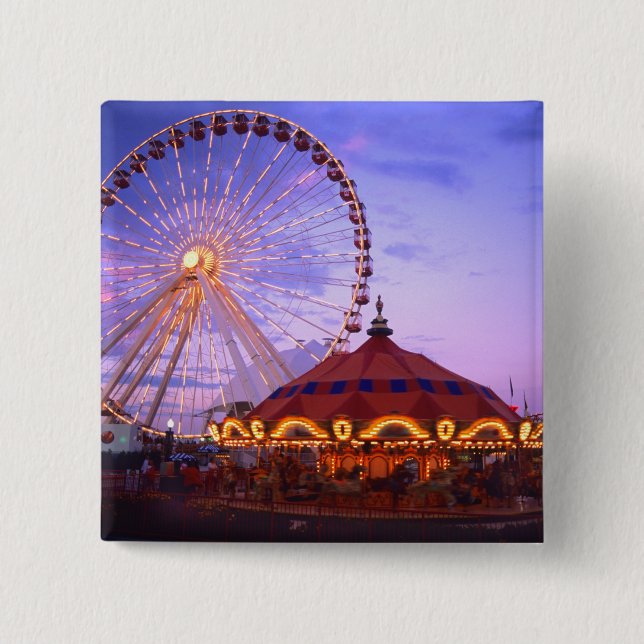 A ferris wheel and carousel at the Navy Pier in 15 Cm Square Badge (Front)