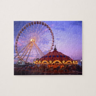 A ferris wheel and carousel at the Navy Pier in Jigsaw Puzzle