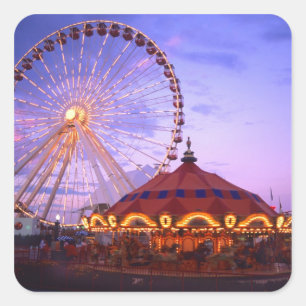 A ferris wheel and carousel at the Navy Pier in Square Sticker