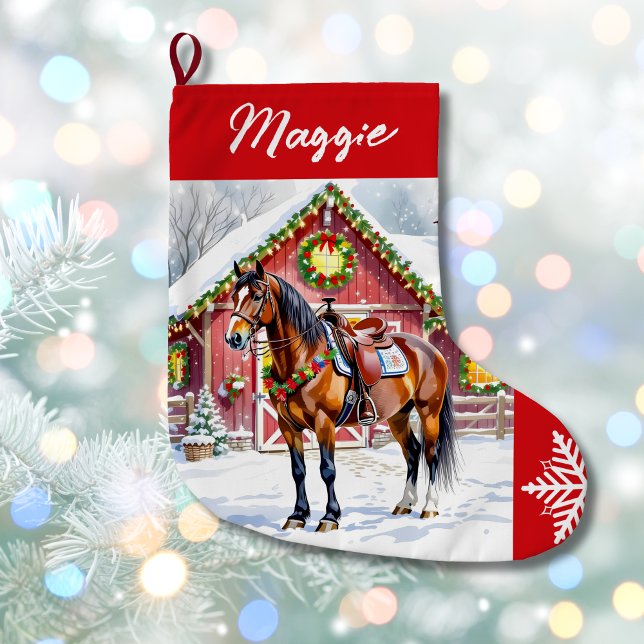 A Festive Brown Horse and Winter Barn Christmas Large Christmas Stocking (Creator Uploaded)