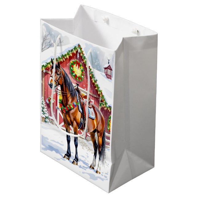 A Festive Brown Horse and Winter Barn Christmas Medium Gift Bag (Front Angled)