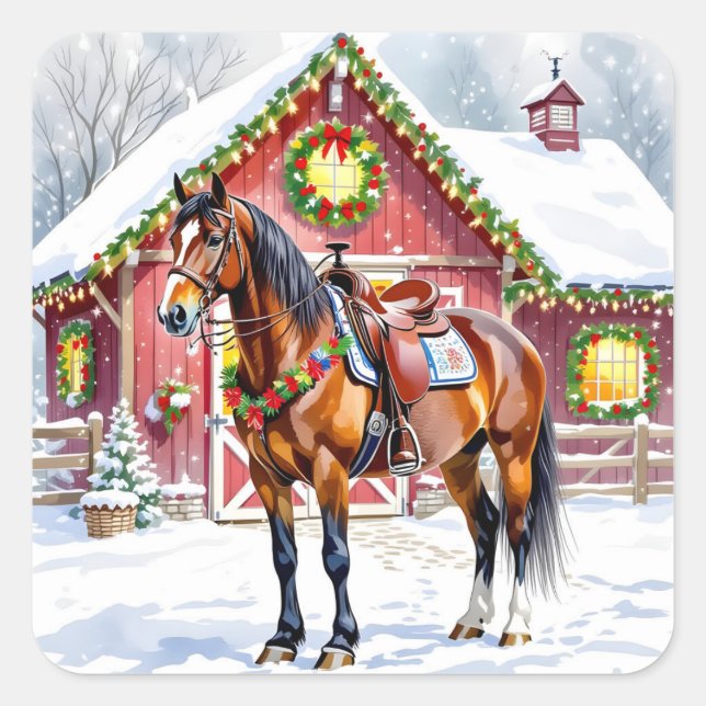 A Festive Brown Horse and Winter Barn Christmas Square Sticker (Front)