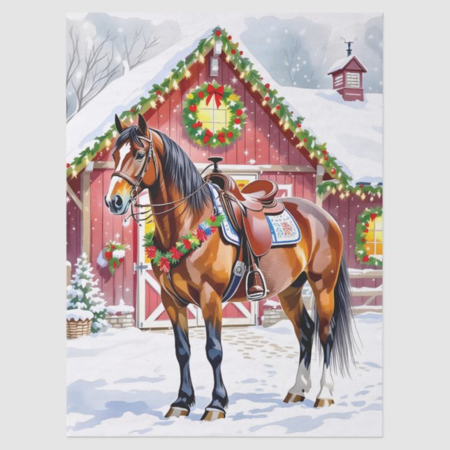 A Festive Brown Horse and Winter Barn Christmas Tissue Paper (Front)