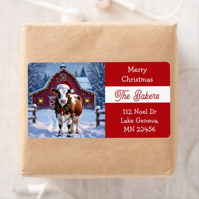 A Festive Cow in Santa Hat Country Christmas Label (Insitu)
