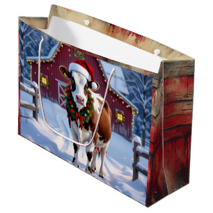 A Festive Cow in Santa Hat Country Christmas  Large Gift Bag